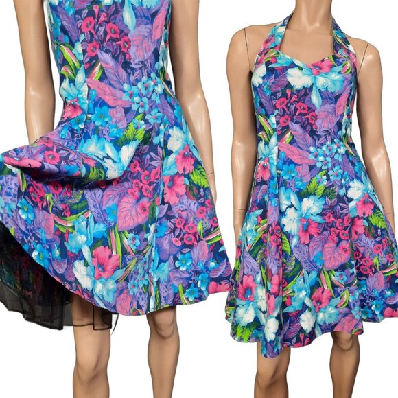 Vintage 80s Floral Swing Dress S Tropical Halter Crinoline Summer Party Prom - Picture 1 of 7